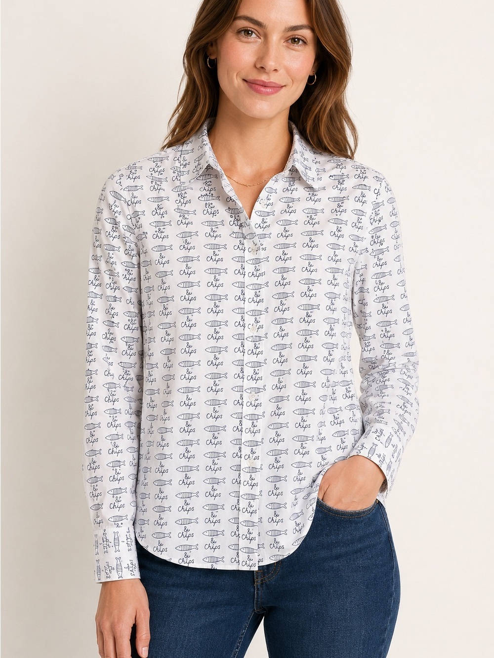 Boden | Fish & Chips Novelty Print Cotton Shirt | US 6R